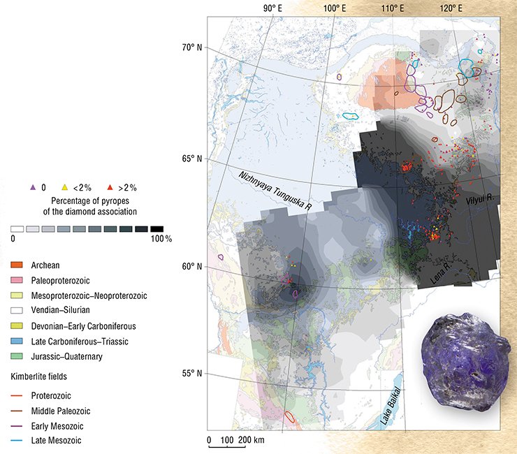The distribution of kimberlite type diamonds over the Siberian Craton juxtaposed with the  distribution of garnets of the diamond association (to the right) indicates that, although such diamonds occur throughout the craton, their largest concentrations are in its central area. Just there industrial kimberlite fields are located