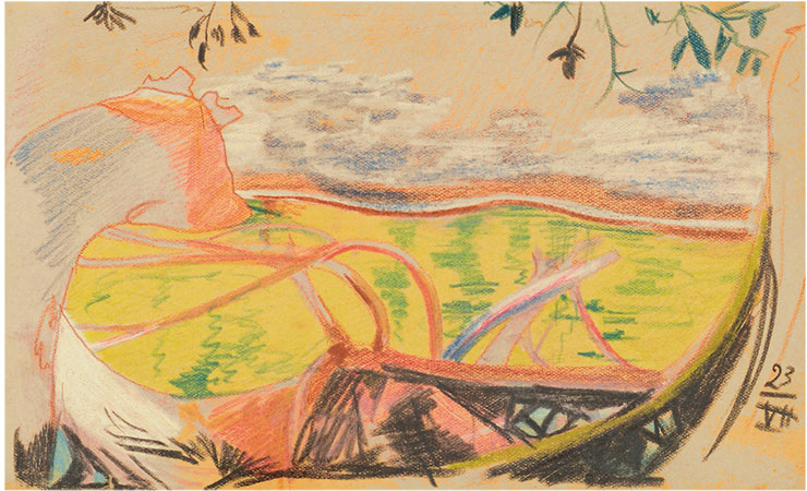 «Индейское каноэ на р. Парана». Цветной карандаш. 23 июля 1914 г. Рис. Г. Г. Манизера. СПбФ АРАН. Ф. 985. Оп. 1. Д. 11. Л. 1