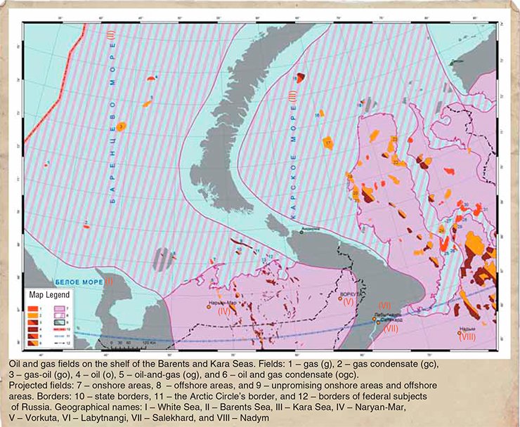 List of deposits1. Severo-Kildinskoe – g; 2. Murmanskoe – g; 3. Shtokmanskoe – gc; 4. Ludlovskoe – g; 5. Ledovoe – gc; 6. Peschanoozerskoe – ogc; 7. Pomorskoe – g; 8. Korovinskoe – gc; 9. Dolginskoe – o; 10. Severo-Gulyaevskoe – ogc; 11. Prirazlomnoe – o; 12. Medyn-More – o; 13. Varandey-More-1 – o; 14. Varandey – o; 15. Pobeda (Universitetskoe) – go; 16. Rusanovskoe – gc; 17. Leningradskoe – gc; 18. Beloostrovskoe – ogc; 19. Kharasavey – gc; 20. Kruzenshternskoe – gc; 21. Yuzhno-Kruzenshternskoe – g; 22. Yuzhno-Tambeiskoe – gc; 23. Tasiiskoe – gc; 24. Severo-Kamenomysskoe – gc; 25. Kamenomysskoe – g; 26. Obskoe – g; 27. Chugor’yakhiskoe – g; 28. Semakovskoe – g; 29. Severo-parusovoe – ogc; 30. Tota-Yakhinskoe – g; 31. Antipayutinskoe – g