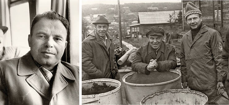 Trofimuk during his first orientation bus tour in Akademgorodok, back then under construction (left). 1958. In 1960, Academician Trofimuk predicted that the most ancient oil on our planet would be found in East Siberia. The discovery of the Yurubchen–Tokhom gas-and-oil reservoir in the Krasnoyarsk krai in 1970–1980s confirmed the scientist’s bold foresight – oil and gas in this zone was extracted from rocks a little older than one billion years. For the scientific substantiation and discovery of pre-Cambrian oil on the Siberian platform, Trofimuk and his colleagues were awarded a State Prize of the Russian Federation (1994). In the photo, Trofimuk at the Kuyumba oil field (Krasnoyarsk krai). To the left of Academician Trofimuk stands his student V. D. Nakoryakov, chief geologist of Krasnoyarskneftegazrazvedka. 1977 Trofimuk during his first orientation bus tour in Akademgorodok, back then under construction (left). 1958. In 1960, Academician Trofimuk predicted that the most ancient oil on our planet would be found in East Siberia. The discovery of the Yurubchen–Tokhom gas-and-oil reservoir in the Krasnoyarsk krai in 1970–1980s confirmed the scientist’s bold foresight – oil and gas in this zone was extracted from rocks a little older than one billion years. For the scientific substantiation and discovery of pre-Cambrian oil on the Siberian platform, Trofimuk and his colleagues were awarded a State Prize of the Russian Federation (1994). In the photo, Trofimuk at the Kuyumba oil field (Krasnoyarsk krai). To the left of Academician Trofimuk stands his student V. D. Nakoryakov, chief geologist of Krasnoyarskneftegazrazvedka. 1977