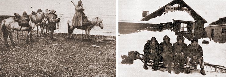 Left: Tolmachoff with interpreters on the Chaun. Photo by Kozhevnikov. (From: Tolmachoff, 1911). On right: I. P. Tolmachoff’s Chukotka expedition on Dezhnev Post. Rumiantsev, Tolmachoff, Weber, and Kozhevnikov next to a store of the trading house I. Ya. Churin & Co (1909) Photo: (St Petersburg Branch, Archive of the Russian Academy of Sciences. Collection 1053. Finding aid 2. # 47. Photo # 136 Left: Tolmachoff with interpreters on the Chaun. Photo by Kozhevnikov. (From: Tolmachoff, 1911). On right: I. P. Tolmachoff’s Chukotka expedition on Dezhnev Post. Rumiantsev, Tolmachoff, Weber, and Kozhevnikov next to a store of the trading house I. Ya. Churin & Co (1909) Photo: (St Petersburg Branch, Archive of the Russian Academy of Sciences. Collection 1053. Finding aid 2. # 47. Photo # 136