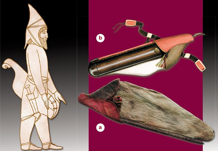 а — felt gorit (a sheath for the bow) from Tomb 3, Verkh-Kaldzhin-2 burial site (Museum of the Institute of Archaeology and Ethnography SB RAS); b — reconstruction by D. Pozdnyakov