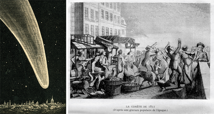 A big comet, also known as Napoleon’s comet, was visible to the naked eye from April 11, 1811 to January 20, 1812. Left: drawing from the book of La comete imperiale de 1811 by Jean-Michel Faidit (1822); top right: engraving from the French magazine Le Magasin Pittoresque (1853). Public domain
