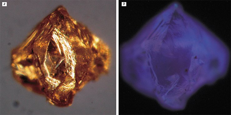 The first diamond of Manchary is a partly dissolved fragment of an octahedral crystal, Its shape is similar to a pyramidal frustum. The larger base of the frustum is 0.7 mm wide, and the size along the axis is about 0.4 mm. The crystal weight is 0.003 ct (0.6 mg). The crystal is transparent, with a slight tinge of yellow. The original surface and natural mechanical shears are entirely smoothed by natural etching. The crystal shines blue under ultraviolet light. According to Fourier transform IR data, it should be classified with type IaAB, common among natural diamonds. Infrared bands point to an admixture of nitrogen atoms, mainly aggregated. The main features of the IR absorption spectrum are similar to those of diamonds from known kimberlites of the Yakutian province. The crystal: a – in transmitted light; b – under UV illumination