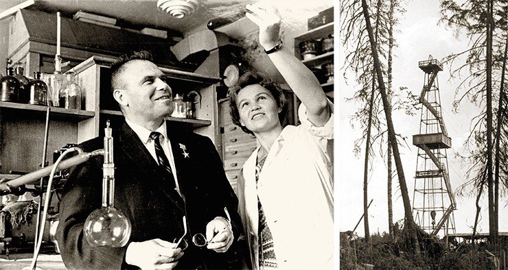 Первый фонтан промышленной сибирской нефти забил 21 июня 1960 г. Произошло это в верховьях р. Конда, вблизи с. Шаим (Ханты-Мансийский АО). Уже на следующий день к буровикам прибыл академик А. А. Трофимук, директор Института геологии и геофизики СО АН СССР. В интервью корреспонденту «Правды» он отметил, что «голос кондинского нефтяного фонтана заглушил хор скептиков, и теперь поиск нефти и газа можно развертывать по всей территории Западно-Сибирской низменности» (Миненко, 2004). На фото – А. А. Трофимук передает образец первой промышленной нефти Западной Сибири сотруднику Геологического музея ИГиГ СО АН СССР М. П. Могилевой. 1960