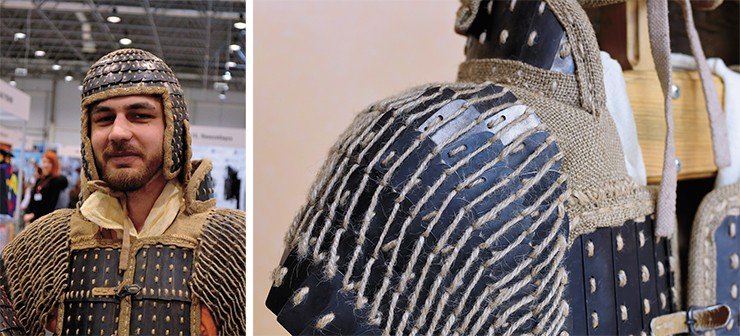 The lamellar Xiongnu helmet resembles a bonnet of steel plates, fitted with a neck flap and earpieces. Photo by S. Borisenko