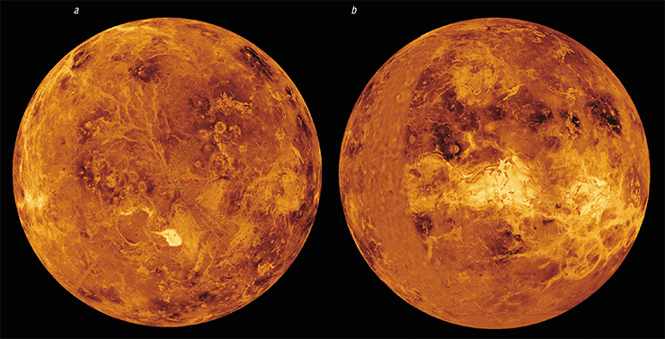 These images of the surface of Venus were obtained by visualizing the data from the interplanetary Magellan mission, which were supplemented by those from other space missions and ground-based radar observations: a – northern hemisphere (the bright spot at the bottom is Maxwell Montes, which are 11 km high); b – eastern hemisphere (dark areas are traces of the impacts of large meteorites on the plains). Credit: NASA/JPL These images of the surface of Venus were obtained by visualizing the data from the interplanetary Magellan mission, which were supplemented by those from other space missions and ground-based radar observations: a – northern hemisphere (the bright spot at the bottom is Maxwell Montes, which are 11 km high); b – eastern hemisphere (dark areas are traces of the impacts of large meteorites on the plains). Credit: NASA/JPL