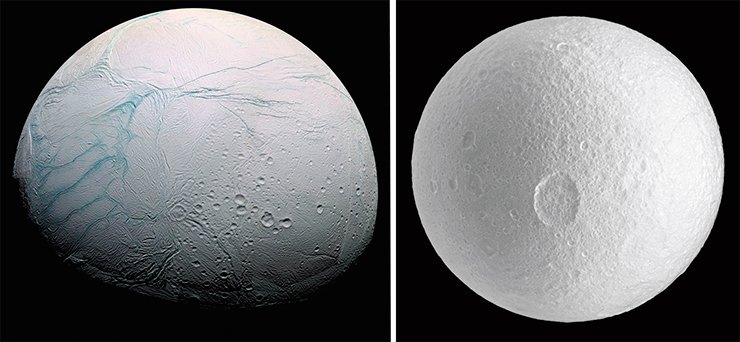 The dark spots of carbonaceous chondrites, which are associated with impact events, have not been found on some celestial bodies of the outer solar system. For example, such spots were not found on Enceladus (left) and on definitely ancient cratered surface of Tethys (right), the largest (their diameters being 1,060 and 505 km, respectively) innermost moons of Saturn.Image from Cassini–Huygens spacecraft, 2009. Credit: NASA/JPL/Space Science Institute The dark spots of carbonaceous chondrites, which are associated with impact events, have not been found on some celestial bodies of the outer solar system. For example, such spots were not found on Enceladus (left) and on definitely ancient cratered surface of Tethys (right), the largest (their diameters being 1,060 and 505 km, respectively) innermost moons of Saturn.Image from Cassini–Huygens spacecraft, 2009. Credit: NASA/JPL/Space Science Institute