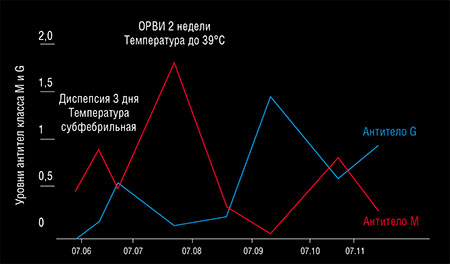 Динамика образования антител к фрагменту N-белка SARS-CoV-2 у одного из волонтеров-коллег демонстрирует последовательный прирост антител классов M и G на фоне отсутствия респираторных симптомов, но с нарушением пищеварения. Спустя два месяца, когда уровень антител G снизился до фоновых значений, инфекция проявилась с яркой воспалительной реакцией и симптомами ОРВИ. Вирусный антиген предоставлен М. Л. Филипенко (ИХБФМ СО РАН) Динамика образования антител к фрагменту N-белка SARS-CoV-2 у одного из волонтеров-коллег демонстрирует последовательный прирост антител классов M и G на фоне отсутствия респираторных симптомов, но с нарушением пищеварения. Спустя два месяца, когда уровень антител G снизился до фоновых значений, инфекция проявилась с яркой воспалительной реакцией и симптомами ОРВИ. Вирусный антиген предоставлен М. Л. Филипенко (ИХБФМ СО РАН)