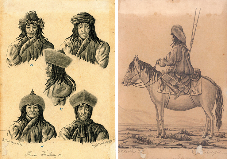 Tibetans types (left). Tibetan soldier on horseback. 1879. Paper, pencil. Smolensk State Museum and Reserve
