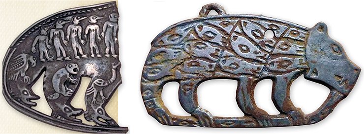 Fragment of a bear’s figure with anthropomorphic, zoomorphic, and ornitomorphic figures. The second half of the first millennium AD. On right: a bear’s figure decorated with animal heads. Private collection