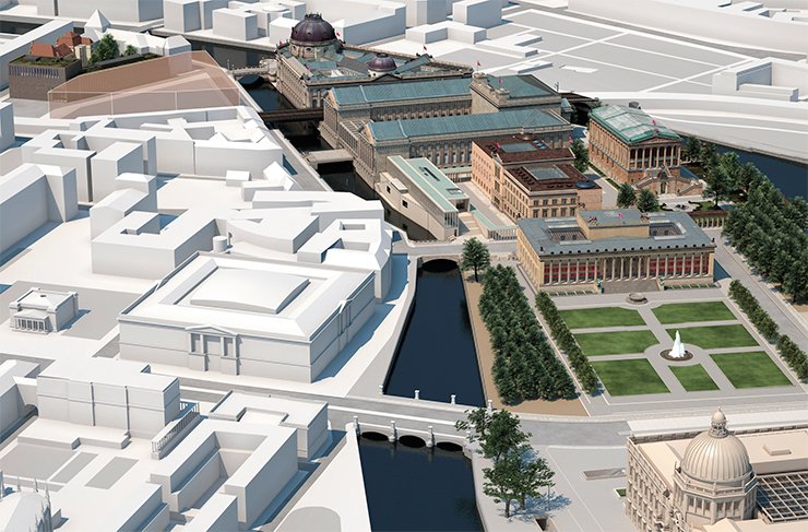 Simulation of the Museum Island after the renovation and modernization. View from the south. © SPK / ART+COM, 2015 Simulation of the Museum Island after the renovation and modernization. View from the south. © SPK / ART+COM, 2015