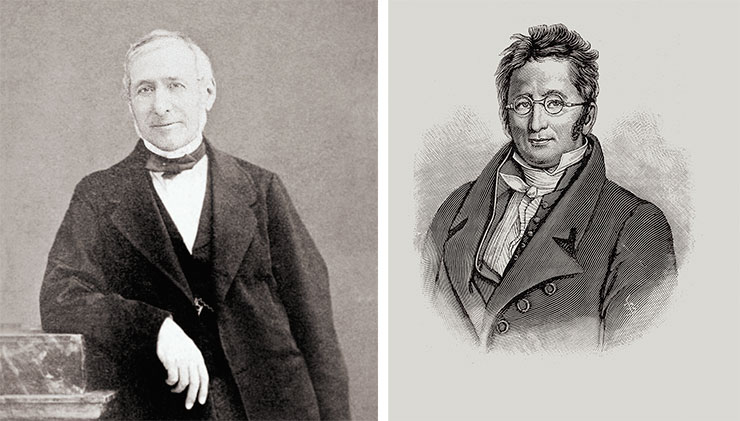 Swiss and French botanist Augustin Pyramus de Candolle. Woodcut by A. Tardieu. © CC BY 4.0/ Wellcome Collection. On the left is his son and follower Alphonse Decandolle, a botanist and biogeographer. 1866. Public Domain