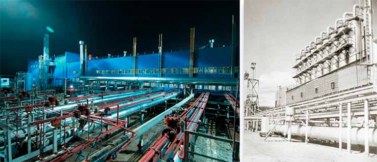 Gas processing plant at the Yamburg field (left), 2007. © Gazprom, 2015. Gas processing plant no. 5 at the Yamburg field, which was put into operation in January 1988. © Gazprom dobycha, Yamburg