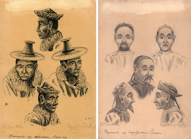 Tanguts of the Lun-chu tribe (left). Dungans from the vicinity of Xining (right). 1880. Paper, pencil. Smolensk State Museum and Reserve