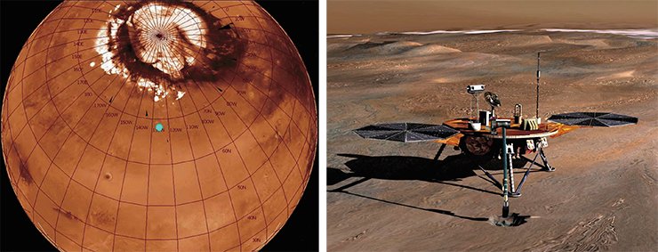 Американский зонд Phœnix был посажен внутри области зимней полярной шапки (рисунки NASA) Американский зонд Phœnix был посажен внутри области зимней полярной шапки (рисунки NASA)