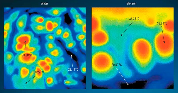 Clear and useful information can be obtained by studying convective phenomena (the so-called Benard cells arising in the case of slow heating of a liquid from below) by means of IR imaging. The thermogram allows accurate measurements of the spatial distribution of the temperature field. In fabrication of IR diodes, it is important to ensure uniform radiation (the figure in the middle row on the left). The IR microscope ensures monitoring of the equality of light-emitting diodes with different configurations: the figure shows three types of diodes; the upper row of the samples demonstrates significant nonuniformityof radiation. Ioffe Physical Technical Institute of the Russian Academy of Sciences. Photo by I. V. Mzhel’skii and S.M. Kozhevnikov (Rzhanov Institute of Semiconductor Physics SB RAS, Novosibirsk)