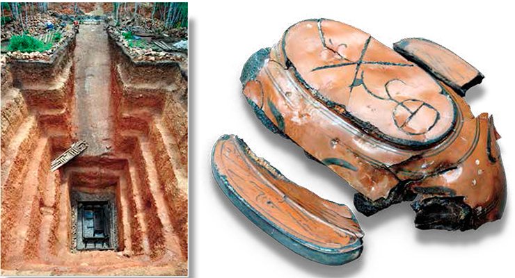 Tumulus 22 at the Xiongnu burial ground, Noin-Ula. Excavations of the Russian-Mongolian expedition. The depth of the burial pit is 16 meters. On the bottom there is a double wooden sepulcher and a coffin. Mongolia, 2012. A lacquer cup, Tumulus 20, Noin-Ula