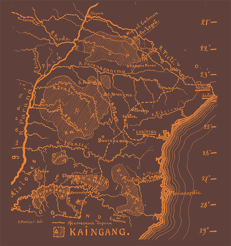 Is a map of the distribution of indigenous tribes in the state of Mato Grosso, Brazil. Attachment to Manizer’s report “The Kaingangs of São Paulo from on-site observations in 1914–1915.” Drawing by G.G. Manizer. SPBB ARAS. F. 985. Op. 1. D. 85. L. 48 Is a map of the distribution of indigenous tribes in the state of Mato Grosso, Brazil. Attachment to Manizer’s report “The Kaingangs of São Paulo from on-site observations in 1914–1915.” Drawing by G.G. Manizer. SPBB ARAS. F. 985. Op. 1. D. 85. L. 48