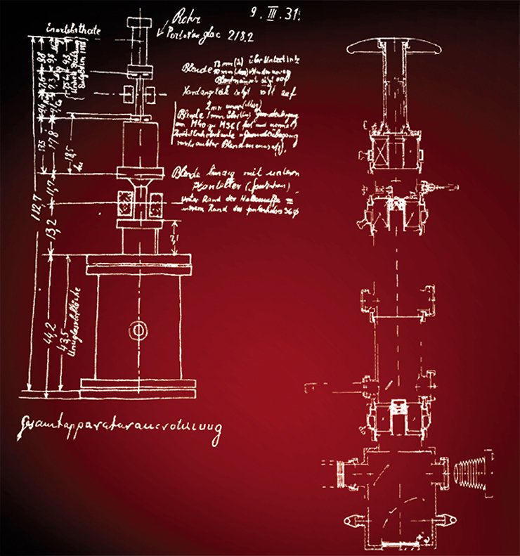 Left: Author’s sketch (March 9, 1931) of the cathode ray tube for testing one-stage and two-stage electron-optical imaging by means of two magnetic electron lenses (electron microscope). Right: Author’s sketch of the first two-stage electron microscope (the microscope column cross-section was redrawn in 1976) Left: Author’s sketch (March 9, 1931) of the cathode ray tube for testing one-stage and two-stage electron-optical imaging by means of two magnetic electron lenses (electron microscope). Right: Author’s sketch of the first two-stage electron microscope (the microscope column cross-section was redrawn in 1976)