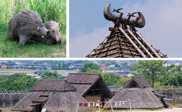 Исторический парк Ёсиногари, основанный на месте раскопок поселения эпохи яёй (III в. до н. э. – III в. н. э.), сегодня занимает территорию в 40 га, которая включает участки возделанных полей, а также древнего леса. Связанные из прутьев фигуры животных (внизу) – еще один из элементов традиционной культуры Исторический парк Ёсиногари, основанный на месте раскопок поселения эпохи яёй (III в. до н. э. – III в. н. э.), сегодня занимает территорию в 40 га, которая включает участки возделанных полей, а также древнего леса. Связанные из прутьев фигуры животных (внизу) – еще один из элементов традиционной культуры