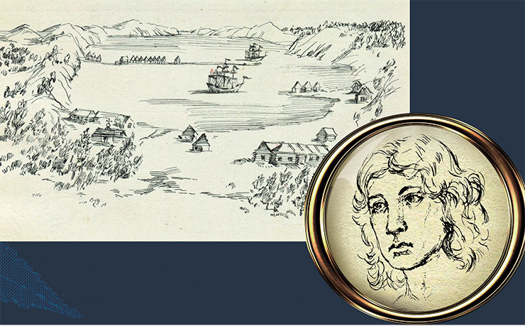 Петропавловская гавань в 1740 г. На рейде стоят суда экспедиции. Рис. О. Помытки­ной по рисунку из кн. С. П. Крашенинникова «Описание земли Камчатки» (1755). Предположительно портрет Г. В. Стеллера, выполненный в г. Данциге перед его отъездом в Россию. Рис. О. Помыткиной по карандашному рисунку на картоне