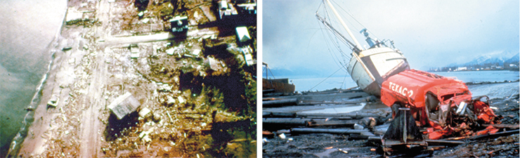 Left: the damage from the tsunami caused by the 1946 earthquake near the Aleutian Islands (Alaska), which arrived at the Hawaii, totalled 26 million dollars. In Hilo, all the houses facing the bay were washed away, the railroads were ruined and the coastal roads were destroyed. An archive photo of U.S. engineering troops. Right: A ship turned upside down by a tsunami on the coast of the Resurrection Bay, 75 km away from the epicenter of the earthquake that gave birth to giant waves. Alaska, 1964. An archive photo of the U.S. Department of the Interior Left: the damage from the tsunami caused by the 1946 earthquake near the Aleutian Islands (Alaska), which arrived at the Hawaii, totalled 26 million dollars. In Hilo, all the houses facing the bay were washed away, the railroads were ruined and the coastal roads were destroyed. An archive photo of U.S. engineering troops. Right: A ship turned upside down by a tsunami on the coast of the Resurrection Bay, 75 km away from the epicenter of the earthquake that gave birth to giant waves. Alaska, 1964. An archive photo of the U.S. Department of the Interior