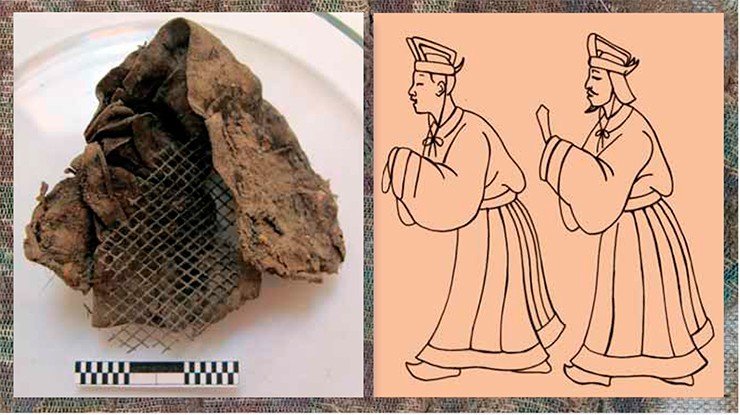 В грабительском лазе 22-го ноин-улинского кургана был обнаружен фрагмент лаковой сетки и шелковой ткани от головного убора «гуань». Этот предмет, найденный в погребении кочевника-хунну, служил в Китае признаком этнической принадлежности и «цивилизованности». На ханьских рельефах можно встретить изображения китайских чиновников в подобных головных уборах (вверху справа). Фото Л. Кундо. прорисовка Е. Шумаковой