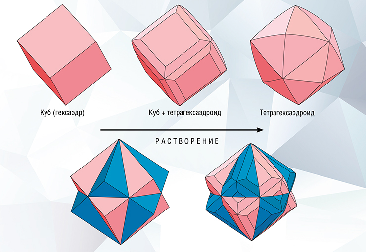 Последовательность растворения кубических кристаллов, составляющих двойниковый сросток «Китайского фонарика»