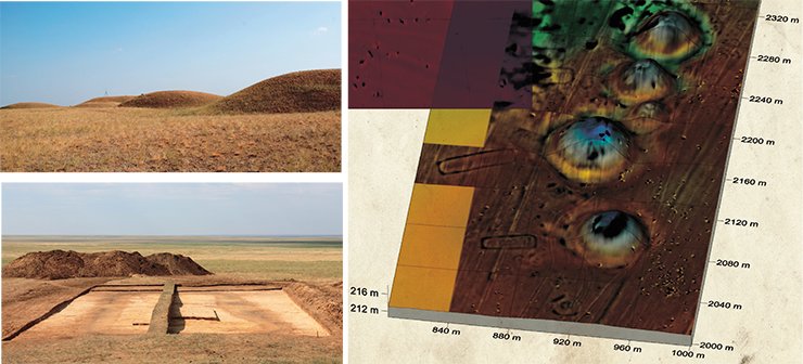 Tört Oba burial grounds in the Aktobe oblast (western Kazakhstan) are formed by five mounds encircled by ditches and located very close to each other. View from the north-west (above). Sub-rectangular construction south of the eastern kurgan of the Tört Oba burial grounds reveals its ritual character (below). Photo by R. Boroffka. 3D-model of the Tört Oba burial grounds displays small mounds, ritual pits, as well as stretched sub-rectangular constructions of unknown purpose (on right). The model was made by J. Fassbinder, who superposed the magnetogram onto the topographical map Tört Oba burial grounds in the Aktobe oblast (western Kazakhstan) are formed by five mounds encircled by ditches and located very close to each other. View from the north-west (above). Sub-rectangular construction south of the eastern kurgan of the Tört Oba burial grounds reveals its ritual character (below). Photo by R. Boroffka. 3D-model of the Tört Oba burial grounds displays small mounds, ritual pits, as well as stretched sub-rectangular constructions of unknown purpose (on right). The model was made by J. Fassbinder, who superposed the magnetogram onto the topographical map