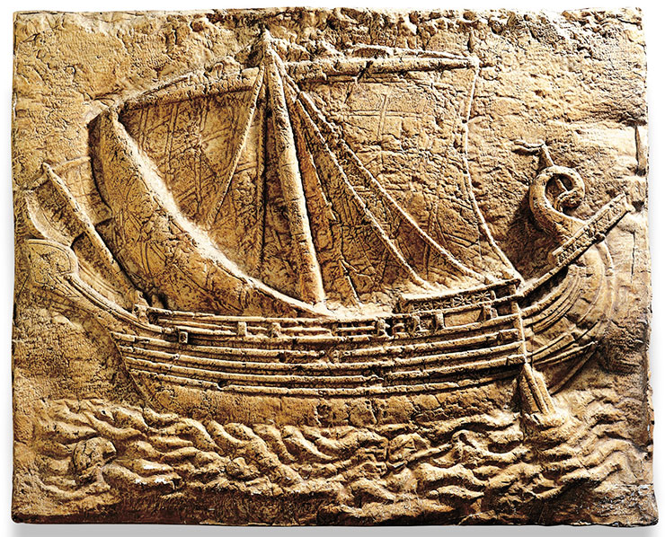 Phoenician ship carved into the front of a sarcophagus from Sidon, 2nd century AD. © CC BY-SA 3.0/NMB