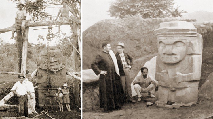 Слева – статуя ягуароподобного божества, раскопанная К. Т. Пройссом в 1913—1914 гг. По: (Preuss K. T. Arte Monumental Prehistorico. Bogotá: Dirección de Divulgación Cultural de La Universidad Nacional De Colombia, 1931). Справа – каменное изваяние антропоморфного существа с клыками ягуара. Одна из первых статуй, раскопанных К. Т. Пройссом в 1913—1914 гг. По: (Duque G. L. San Agustin. Reseña Arqueológica. Bogotá: Imprenta Nacional, 1963). Университет дель Бадье (г. Кали, Колумбия)
