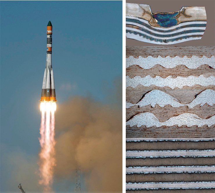 Explosion welding was used to produce trimetallic titanium–niobium–titanium blanks for the nozzle tips of the engine for the Luna-16 spacecraft. Explosion welding techniques are combined with the traditional heating and holding to obtain intermetallic composites. On right: Intermetallic Al₃Ti layers obtained by further heating of an explosion bonded composite made of aluminum (light) and titanium (dark) layers to a temperature of 650° C and holding for five hours Explosion welding was used to produce trimetallic titanium–niobium–titanium blanks for the nozzle tips of the engine for the Luna-16 spacecraft. Explosion welding techniques are combined with the traditional heating and holding to obtain intermetallic composites. On right: Intermetallic Al₃Ti layers obtained by further heating of an explosion bonded composite made of aluminum (light) and titanium (dark) layers to a temperature of 650° C and holding for five hours