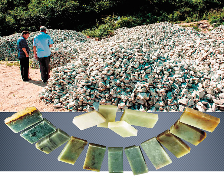 Quarry in Xiuyan (Liaoning Province) for the extraction of marble and “soft” nephrite. Bottom: jade samples of different shades from the Xiuyan deposit Quarry in Xiuyan (Liaoning Province) for the extraction of marble and “soft” nephrite. Bottom: jade samples of different shades from the Xiuyan deposit