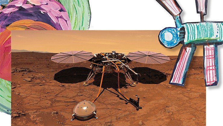 InSight – это уже не марсоход, а «марсостой», исследовательский посадочный аппарат с сейсмометром и шестиметровым буром. Задача станции – проводить буровые работы, собирать и исследовать образцы пород, а также регистрировать подземные толчки, возникающие от падения метеоритов. На фото – так будет выглядеть InSight на поверхности Марса. Credit: NASA/JPL-Caltech InSight – это уже не марсоход, а «марсостой», исследовательский посадочный аппарат с сейсмометром и шестиметровым буром. Задача станции – проводить буровые работы, собирать и исследовать образцы пород, а также регистрировать подземные толчки, возникающие от падения метеоритов. На фото – так будет выглядеть InSight на поверхности Марса. Credit: NASA/JPL-Caltech