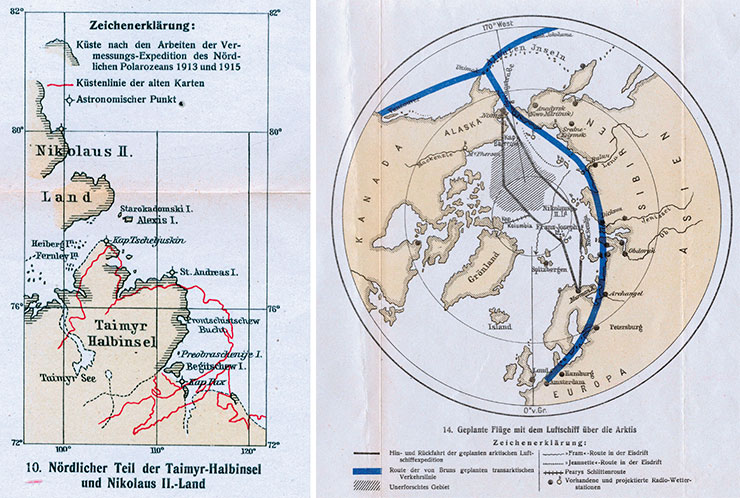 Maps from Breitfuβ’ work show the results of explorations in the Russian Eurasian Arctic region, including a map of the northern part of the Taimyr Peninsula and the eastern coast of Emperor Nicholas II Land (fragment 10, left) and a map depicting the planned trans-Arctic flight route (fragment 14, right). Adapted from: Breitfuβ L. (Hrsg.): Internationale Studiengesellschaft zur Erforschung der Arktis mit dem Luftschiff (Aeroarctic). Verhandlungen der 1. Ordentlichen Versammlung in Berlin, 9.–13. November 1926. Cartography Sector, RAS Library, St. Petersburg