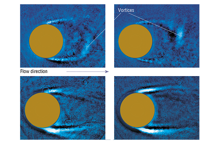 Application of the AVT technology allows real-time observations of the formation of the vortex wake behind the cylinder (at a velocity of 10 m/s) and the formation of symmetric “moustaches” without vortices (1 m/s). These phenomena could not be visualized by other panoramic methods Application of the AVT technology allows real-time observations of the formation of the vortex wake behind the cylinder (at a velocity of 10 m/s) and the formation of symmetric “moustaches” without vortices (1 m/s). These phenomena could not be visualized by other panoramic methods