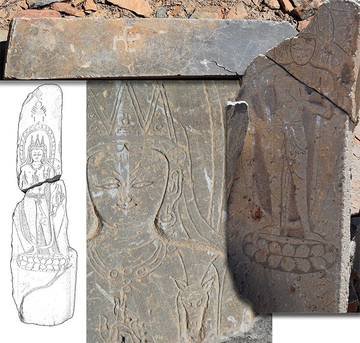 Above: an image of the Bon swastika on a plate from the sanctuary. A fragment of the image of Bodhisattva in a tricorn crown. A drawing of the Bodhisattva image. Drawing by A. Saliev. Right: a fragment of a stele with an image of Bodhisattva. The village of Manda. Zanskar Above: an image of the Bon swastika on a plate from the sanctuary. A fragment of the image of Bodhisattva in a tricorn crown. A drawing of the Bodhisattva image. Drawing by A. Saliev. Right: a fragment of a stele with an image of Bodhisattva. The village of Manda. Zanskar