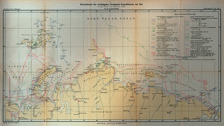 Карта маршрутов основных экспедиций в Северном Ледовитом океане с 1912 по 1924 г., составленная Л. Брейтфусом. По: Breitfuβ L. (Hrsg.): Internationale Studiengesellschaft zur Erforschung dre Arktis mit dem Luftschiff (Aeroarctic). Verhandlungen der 1. Ordentlichen Versammlung ib Berlin, 9.—13. November 1926. Библиотека РАН, сектор картографии, Санкт-Петербург Карта маршрутов основных экспедиций в Северном Ледовитом океане с 1912 по 1924 г., составленная Л. Брейтфусом. По: Breitfuβ L. (Hrsg.): Internationale Studiengesellschaft zur Erforschung dre Arktis mit dem Luftschiff (Aeroarctic). Verhandlungen der 1. Ordentlichen Versammlung ib Berlin, 9.—13. November 1926. Библиотека РАН, сектор картографии, Санкт-Петербург