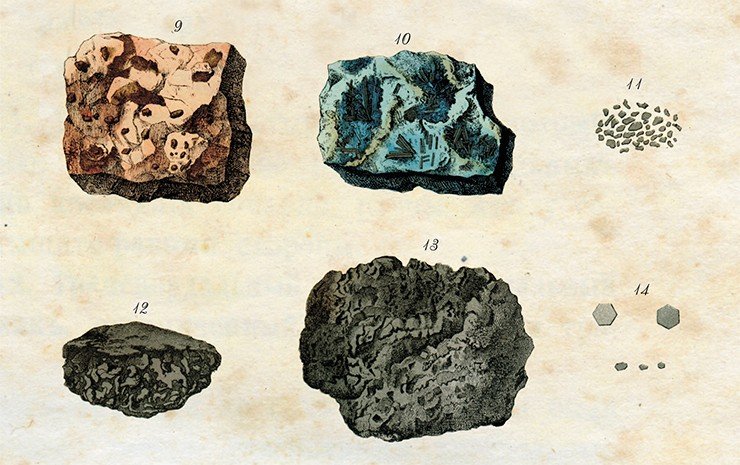 Рис. 1. Самородное золото, собравшееся шарообразными, как бы прилипшими скоплениями на красноватом кварце; из Калифорнии. Рис. 2. Кристалл золота в естественную величину, найденный в Калифорнии; в нем есть примесь серебра и меди на 11 1/2 процента. Рис. 3. Кристалл золота, найденный в Бразилии. Рис. 4. Самородное золото в тонких, кристаллических пластинках на красноватом кварце; из Трансильвании. Рис. 5. Самородок золота, найденный в Новой Голландии; весом в 27 фунтов, длиною в 11 дюймов и шириною в 5 дюймов. Рис. 8. Золотая пыль, получаемая после промывки золотоносного песка. Рис. 9. Светлое золото, в зернах различной величины, вкрапленных в красноватый, мелкозернистый кварц; из Новой Голландии. Рис. 10. Теллуристое золото, состоящее из соединения золота с теллурием и серебром; почти единственный случай, в котором золото встречается не в самородном виде, но в состоянии руды. Рис. 11. Чистая платина мелкими, чечевицеобразными, как бы шлифованными зернами; из Бразилии, где она получается вместе с золотом. Рис. 12. Кругловатый кусок платины с углублениями, в которых находится черный порошок примеси других металлов (иридия и осмия), постоянно сопровождающих платину; с Урала. Рис. 13. Самородок платины в естественную величину, в два фунта весом; с Урала. Рис. 14. Осмий в маленьких шестигранных табличках и неправильных блестках из уральских платиновых россыпей
