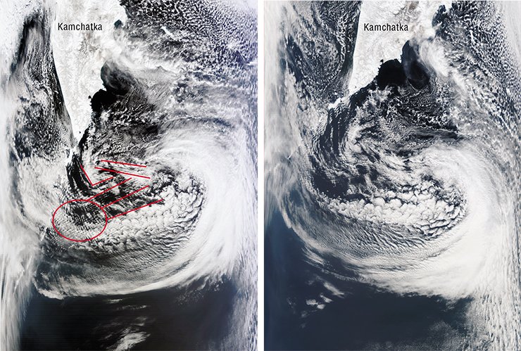 The “mesh” clouds formed near the northern part of the Kuril Ridge after the earthquake in Japan testified that seismic activity in the region persisted (left). Indeed, though an hour and half later cloud stripes of latitudinal orientation replaced the mesh (right), earth shocks continued during the next three days. The photos taken from satellites Terra and Aqua (NASA/GSFC, Rapid Response), on March 11, 2011 The “mesh” clouds formed near the northern part of the Kuril Ridge after the earthquake in Japan testified that seismic activity in the region persisted (left). Indeed, though an hour and half later cloud stripes of latitudinal orientation replaced the mesh (right), earth shocks continued during the next three days. The photos taken from satellites Terra and Aqua (NASA/GSFC, Rapid Response), on March 11, 2011