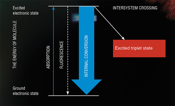 The photophysical processes that occur in an organic molecule after the absorption of light are visually represented by a diagram named after its author Alexander Yablonsky, a Polish scientist. The absorption of a light quantum leads to the transition of the molecule from the ground state to an excited state, both of which are singlet states. If the mutual orientation of the electron spins changes in the excited state, the molecule transitions into an excited triplet state. Subsequent reactions of such a molecule with the other ones are called photochemical processes