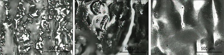 It is possible to change the surface structure of the manufactured implants for example by electrochemical treatment. “Smoothening” of the titanium-aluminum-vanadium implant surface under electrochemical etching with increasing exposure time. Optical microscopy It is possible to change the surface structure of the manufactured implants for example by electrochemical treatment. “Smoothening” of the titanium-aluminum-vanadium implant surface under electrochemical etching with increasing exposure time. Optical microscopy