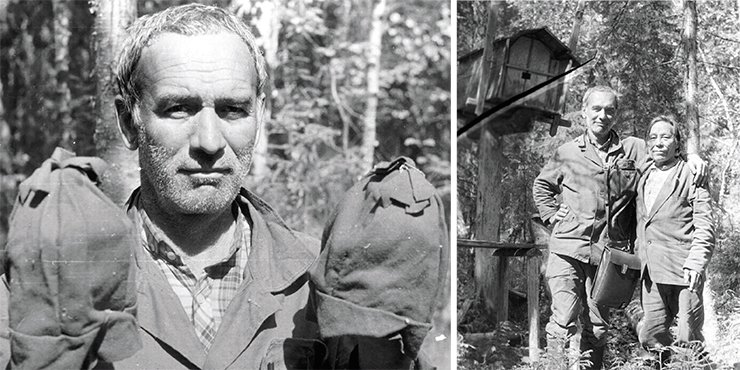 Left: I. N. Gemuev with hats – offerings to the deities. Right: I. N. Gemuev and our guide V. P. Sambindalov. 1990