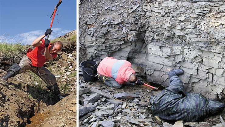 A pickaxe is the main research tool for a geologist, indispensable for taking samples from the thin diamondiferous basal horizon of the Carnian, sandwiched between two sandstone beds
