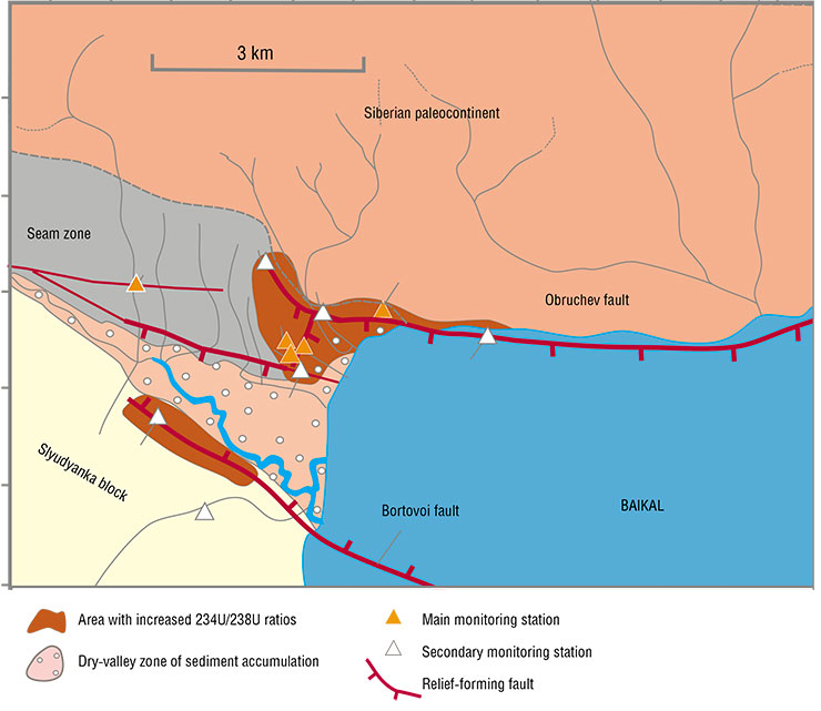 Hydrogeochemical groundwater sampling sites are located at the Kultuk seismic prediction test site at the southwestern tip of Lake Baikal. This place was chosen purposefully as a juncture point of two large seismically active faults, Obruchev and Bortovoi, which confine the South Baikal Depression from north and south. Here also lies the fragmentally activated main Sayan seam boundary between the Siberian paleocontinent and the geological blocks attached to it