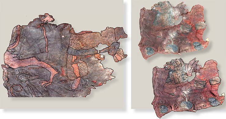 Fragments of silk (above) and woolen (to the right) fabric with embroidery and its drawing on fabric. Noin Ula burial mound 20. Drawn by E. Shumakova 