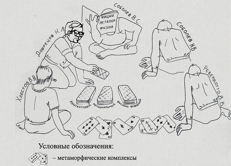 Рисунок из неопубликованной статьи Е. В. Склярова «Н. Л. Добрецов и тектонические аспекты метаморфизма». На этом дружеском шарже изображены лауреаты Ленинской премии Рисунок из неопубликованной статьи Е. В. Склярова «Н. Л. Добрецов и тектонические аспекты метаморфизма». На этом дружеском шарже изображены лауреаты Ленинской премии