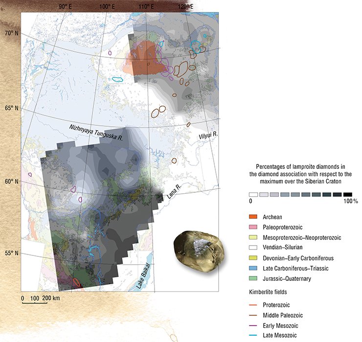 The distribution of diamonds of presumably lamproitic origin is opposite to the distribution of kimberlite diamonds; that is, these diamond types are antagonistic. Dodecahedroids are least frequent in the center of the Siberian Craton, where industrial Middle Paleozoic kimberlites are located. They are most abundant in Irkutsk oblast, and their abundance gently decreases to the north. Such diamonds are also often found in northeastern areas of the craton, particularly, on the Anabar Shield and Olenek uplift