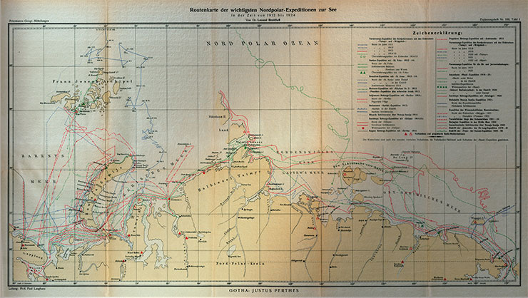Route map of the main expeditions in the Arctic Ocean from 1912 to 1924, created by Breitfuß. Adapted from: Breitfuβ L. (Hrsg.): Internationale Studiengesellschaft zur Erforschung der Arktis mit dem Luftschiff (Aeroarctic). Verhandlungen der 1. Ordentlichen Versammlung in Berlin, 9.–13. November 1926. Cartography Sector, RAS Library, St. Petersburg
